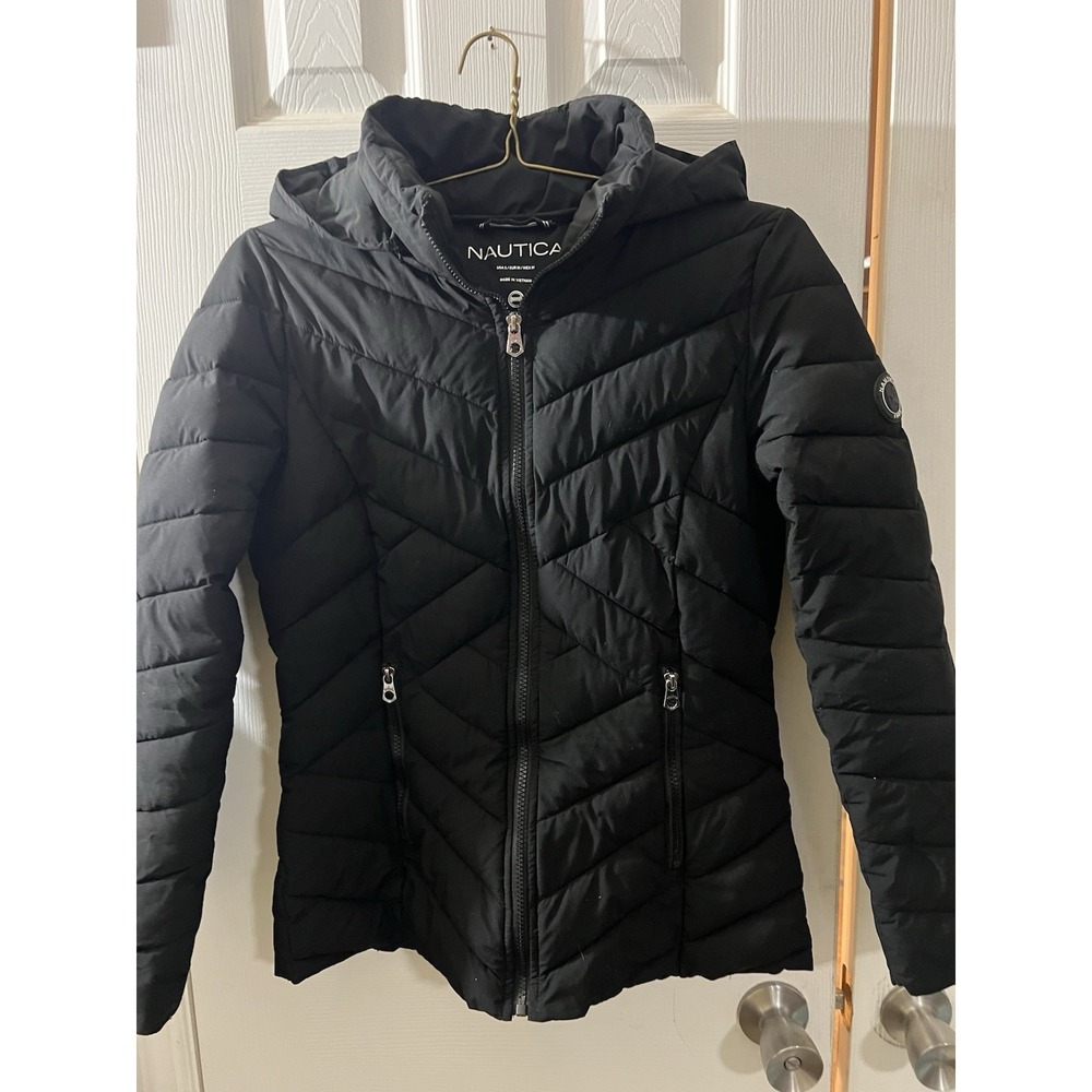 Nautica Women's Stretch Puffer Detachable Hood Fleece Pockets Jacket Black Small